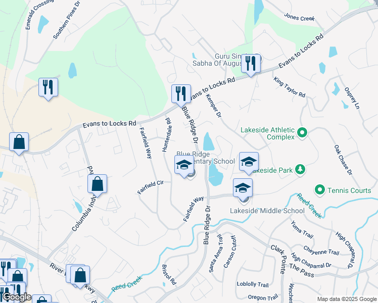 map of restaurants, bars, coffee shops, grocery stores, and more near 1018 Micah Terrace in Evans