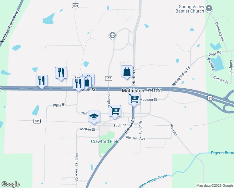 map of restaurants, bars, coffee shops, grocery stores, and more near West Street in Mathiston