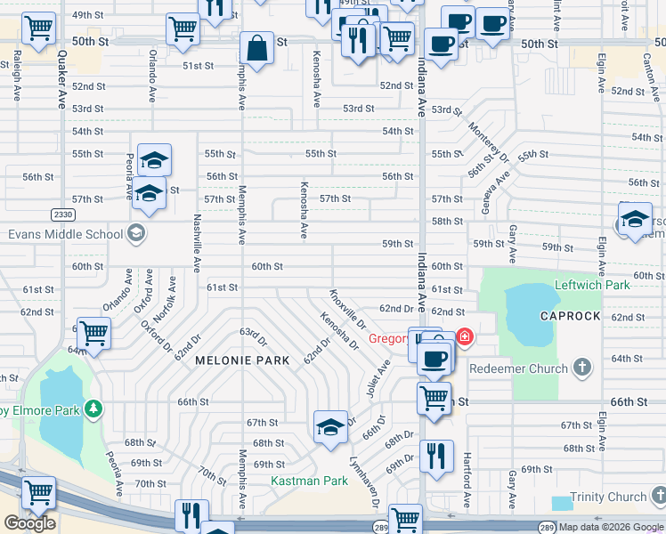 map of restaurants, bars, coffee shops, grocery stores, and more near 5999 Knoxville Ave in Lubbock