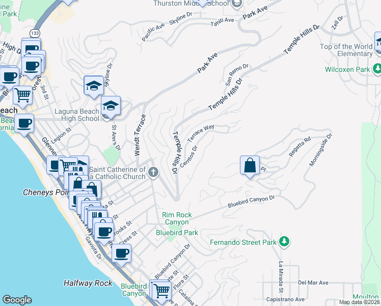 map of restaurants, bars, coffee shops, grocery stores, and more near 1320 Cerritos Drive in Laguna Beach