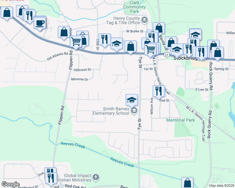 map of restaurants, bars, coffee shops, grocery stores, and more near 121 Rosenwald Circle in Stockbridge