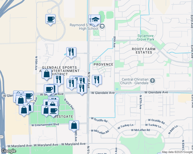 map of restaurants, bars, coffee shops, grocery stores, and more near 9068 West Myrtle Avenue in Glendale