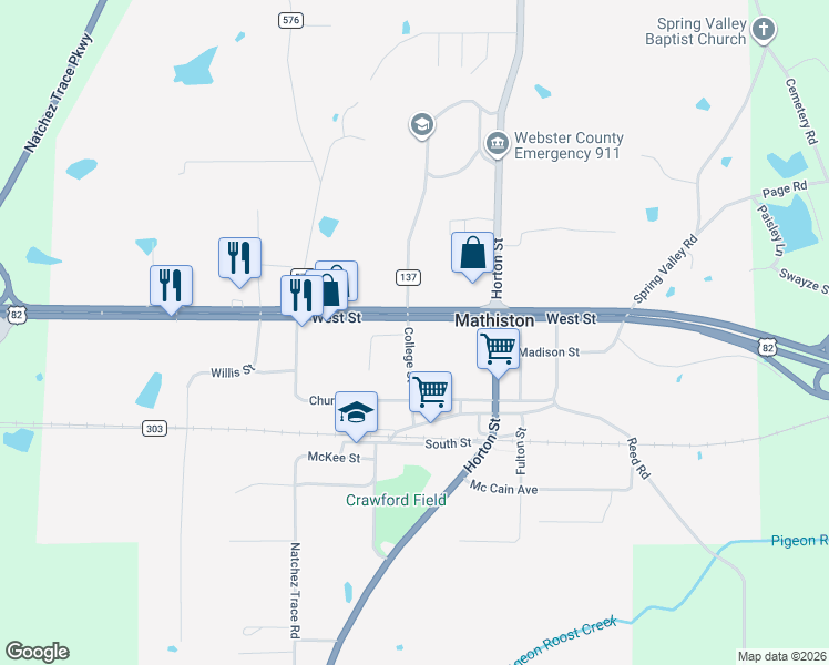 map of restaurants, bars, coffee shops, grocery stores, and more near West Street in Mathiston