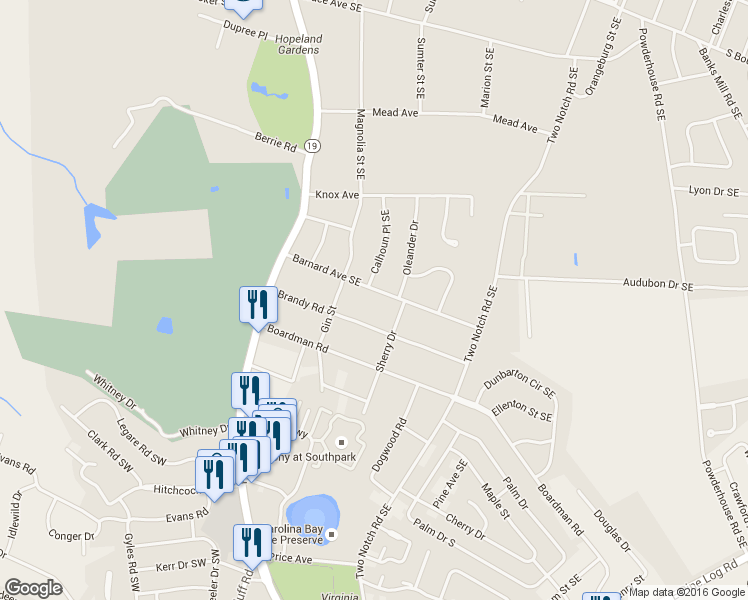 map of restaurants, bars, coffee shops, grocery stores, and more near 245 Barnard Ave SE in Aiken