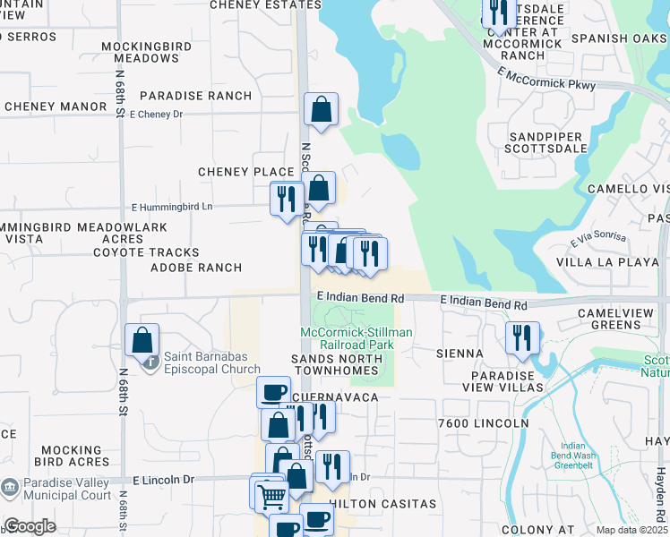 map of restaurants, bars, coffee shops, grocery stores, and more near Unnamed Road in Scottsdale
