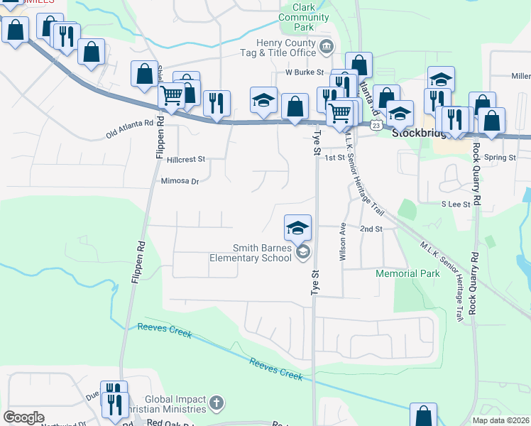 map of restaurants, bars, coffee shops, grocery stores, and more near 121 Rosenwald Circle in Stockbridge
