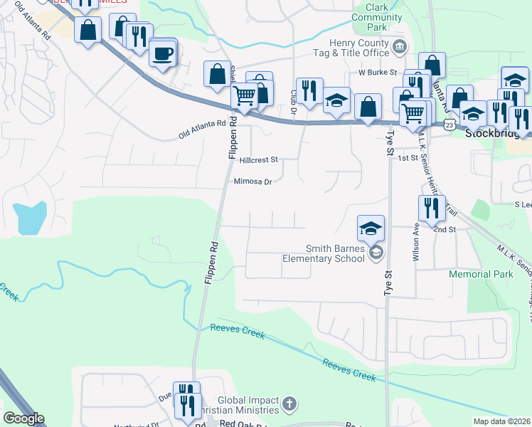 map of restaurants, bars, coffee shops, grocery stores, and more near 207 Glendale Court in Stockbridge