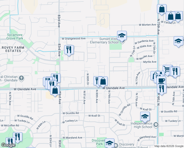 map of restaurants, bars, coffee shops, grocery stores, and more near 7100 North 80th Avenue in Glendale