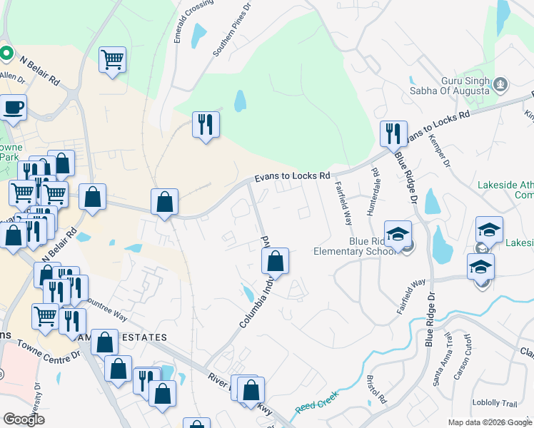 map of restaurants, bars, coffee shops, grocery stores, and more near 485 Columbia Industrial Boulevard in Evans