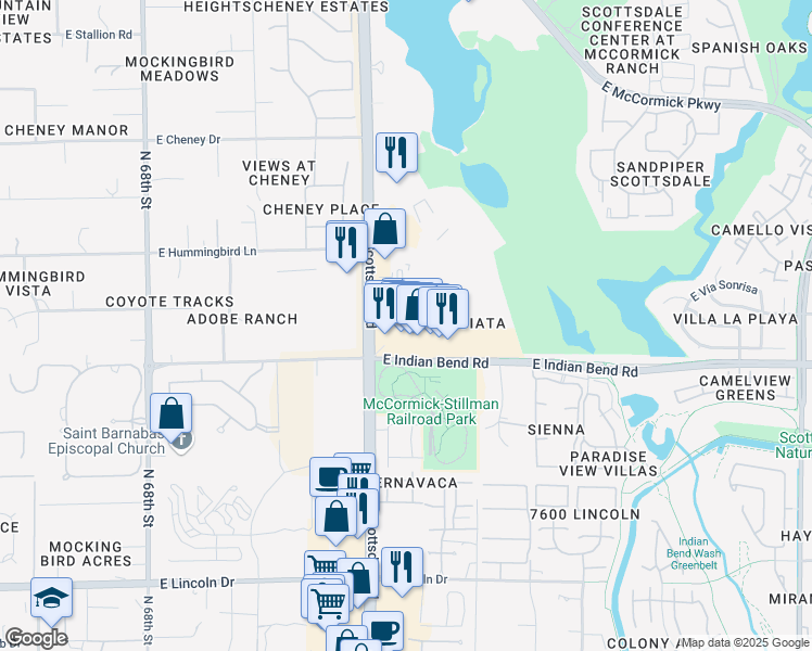 map of restaurants, bars, coffee shops, grocery stores, and more near 7001 North Scottsdale Road in Scottsdale