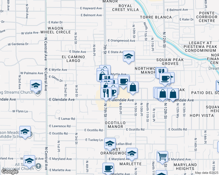 map of restaurants, bars, coffee shops, grocery stores, and more near 7051 North 7th Street in Phoenix