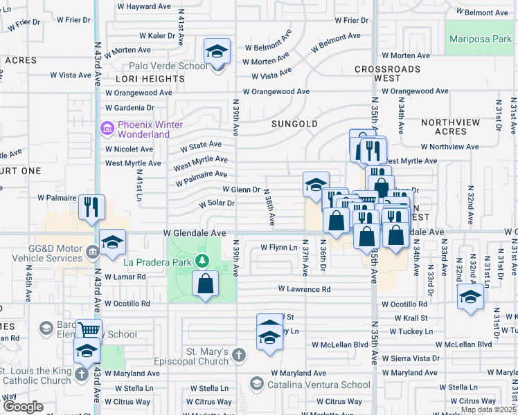 map of restaurants, bars, coffee shops, grocery stores, and more near 3811 West Solar Drive in Phoenix