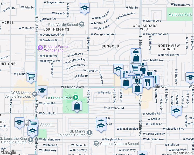 map of restaurants, bars, coffee shops, grocery stores, and more near 3811 West Solar Drive in Phoenix