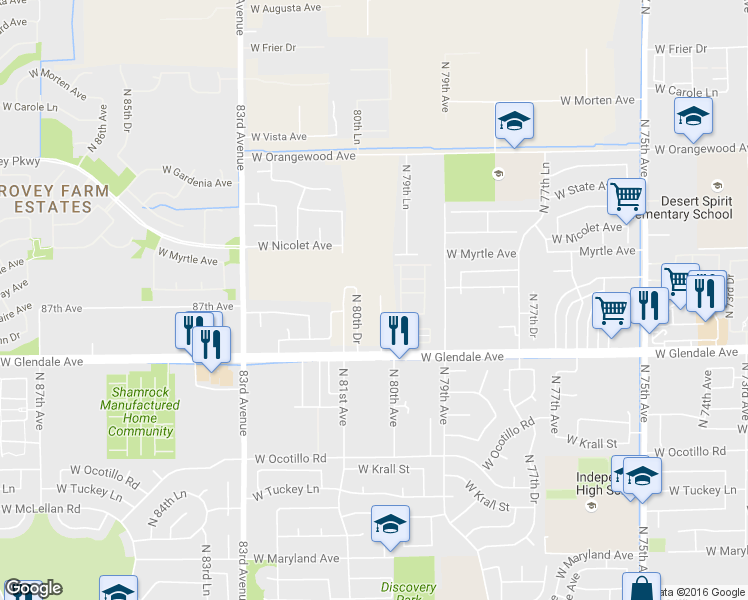 map of restaurants, bars, coffee shops, grocery stores, and more near 7100 North 80th Avenue in Glendale
