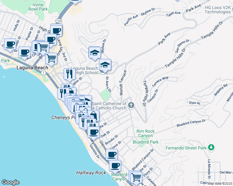 map of restaurants, bars, coffee shops, grocery stores, and more near 719 Browncroft Road in Laguna Beach