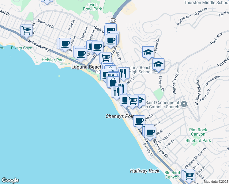 map of restaurants, bars, coffee shops, grocery stores, and more near 590 South Coast Highway in Laguna Beach