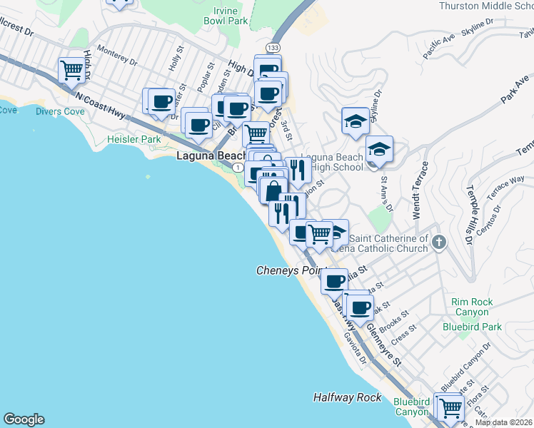 map of restaurants, bars, coffee shops, grocery stores, and more near 590 South Coast Highway in Laguna Beach