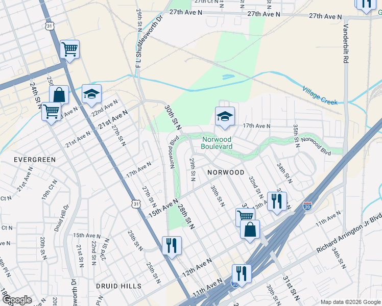 map of restaurants, bars, coffee shops, grocery stores, and more near 1640 30th Street North in Birmingham