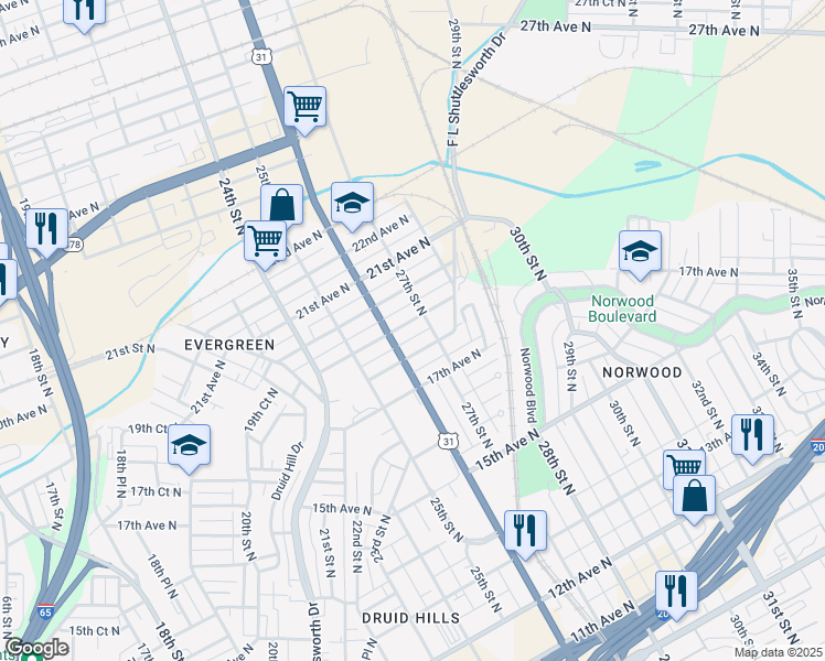 map of restaurants, bars, coffee shops, grocery stores, and more near 2617 19th Avenue North in Birmingham