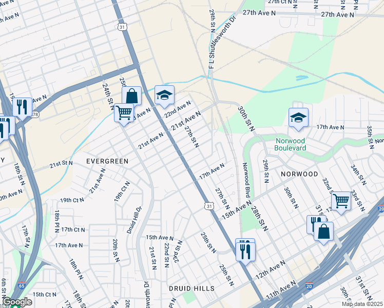 map of restaurants, bars, coffee shops, grocery stores, and more near 2617 19th Avenue North in Birmingham