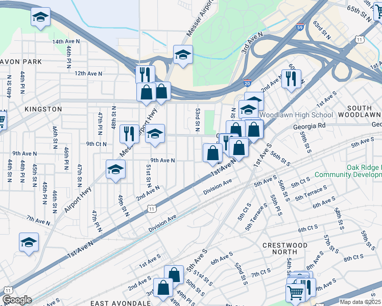 map of restaurants, bars, coffee shops, grocery stores, and more near 913 52nd Way North in Birmingham