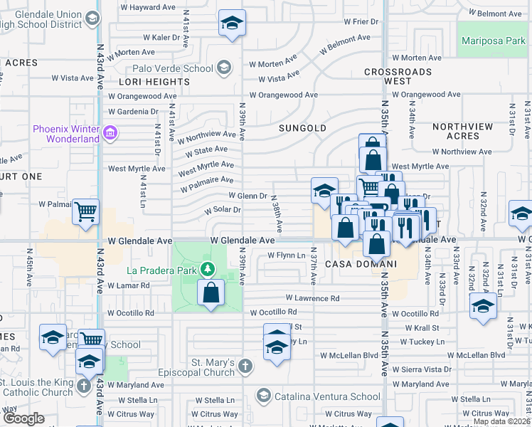 map of restaurants, bars, coffee shops, grocery stores, and more near 3811 West Solar Drive in Phoenix