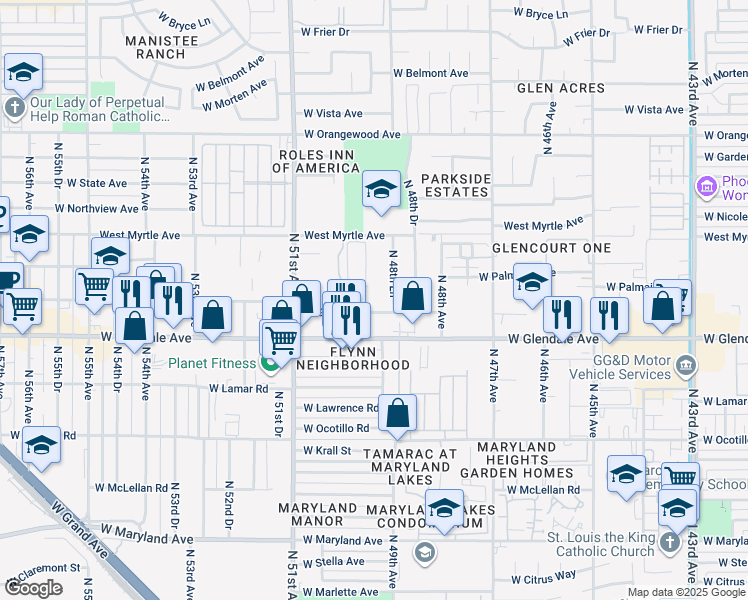 map of restaurants, bars, coffee shops, grocery stores, and more near 4910 West Glenn Drive in Glendale