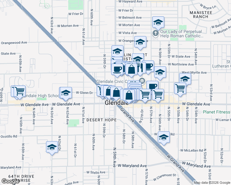 map of restaurants, bars, coffee shops, grocery stores, and more near N 59th Ave & W Glenn Dr in Glendale