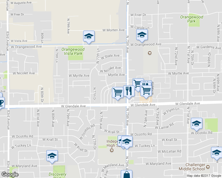 map of restaurants, bars, coffee shops, grocery stores, and more near 7111 North 76th Drive in Glendale