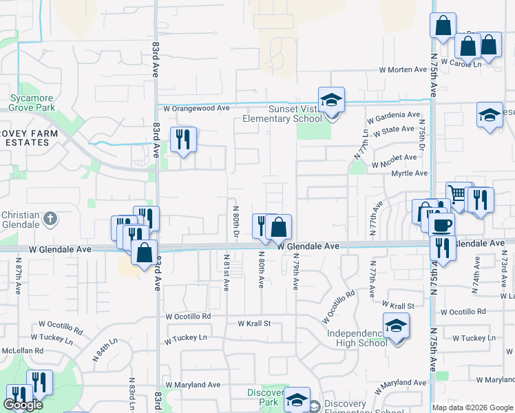 map of restaurants, bars, coffee shops, grocery stores, and more near 7100 North 80th Avenue in Glendale