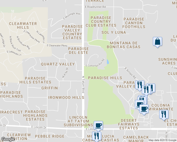 map of restaurants, bars, coffee shops, grocery stores, and more near 7101 North Tatum Boulevard in Paradise Valley