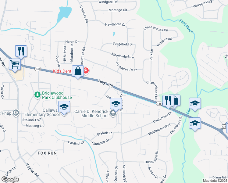 map of restaurants, bars, coffee shops, grocery stores, and more near 116 Georgia 138 in Jonesboro