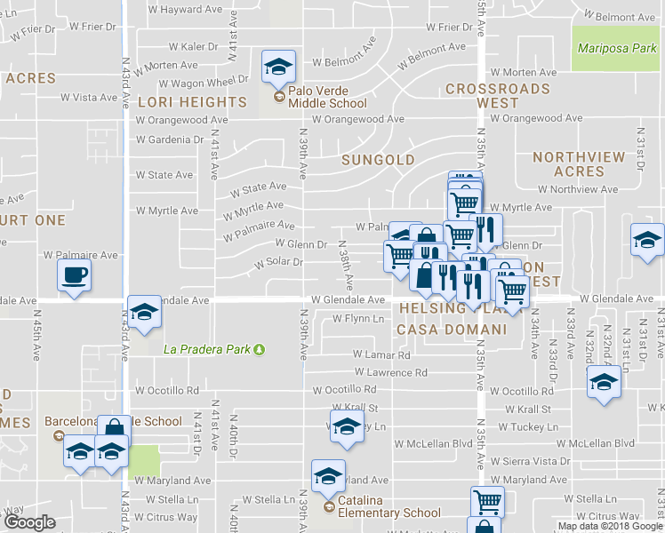 map of restaurants, bars, coffee shops, grocery stores, and more near 3811 West Solar Drive in Phoenix