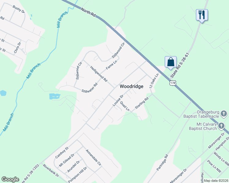 map of restaurants, bars, coffee shops, grocery stores, and more near 417 State Road S-38-1203 in Orangeburg