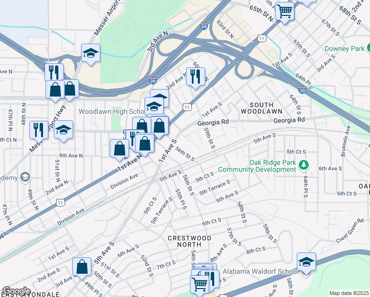 map of restaurants, bars, coffee shops, grocery stores, and more near 125 56th St S in Birmingham