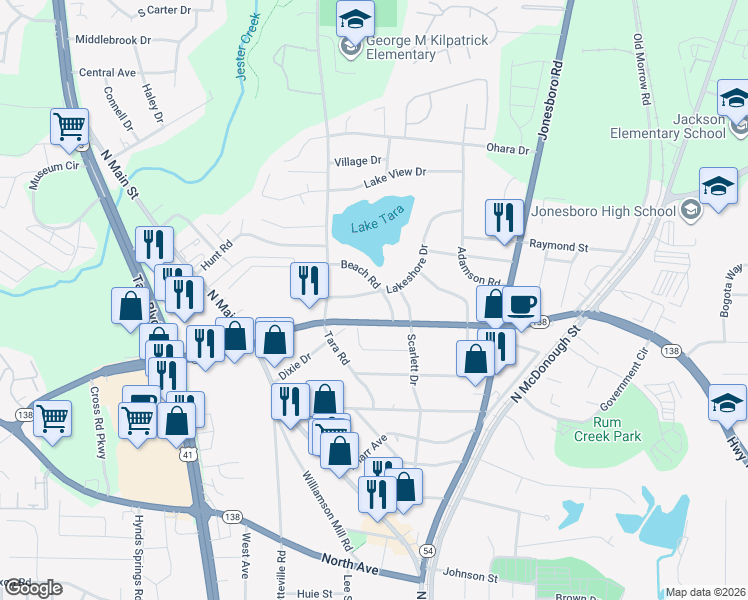 map of restaurants, bars, coffee shops, grocery stores, and more near 1044 Lakeshore Drive in Jonesboro
