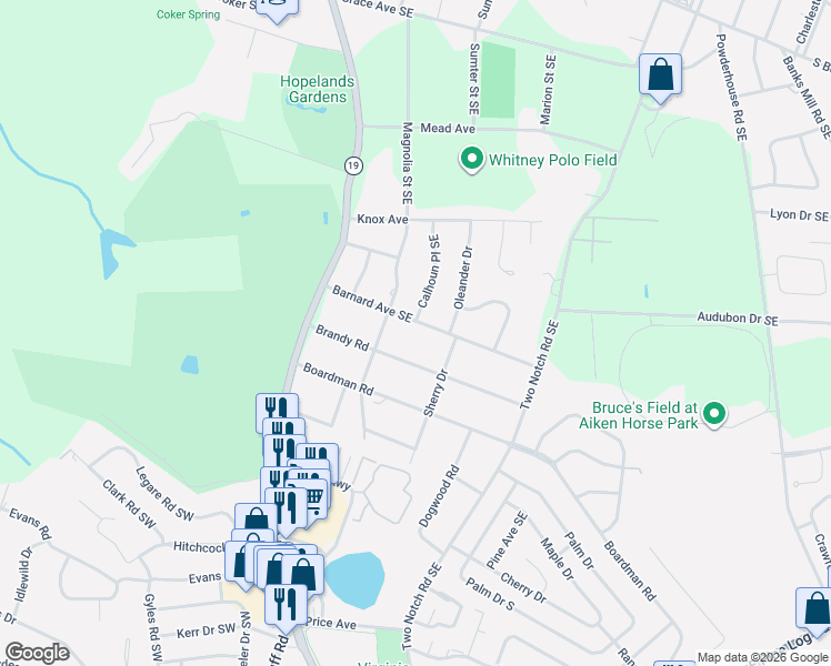 map of restaurants, bars, coffee shops, grocery stores, and more near 245 Barnard Avenue Southeast in Aiken