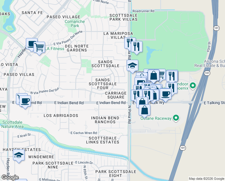 map of restaurants, bars, coffee shops, grocery stores, and more near 8683 East Vía de Belleza in Scottsdale