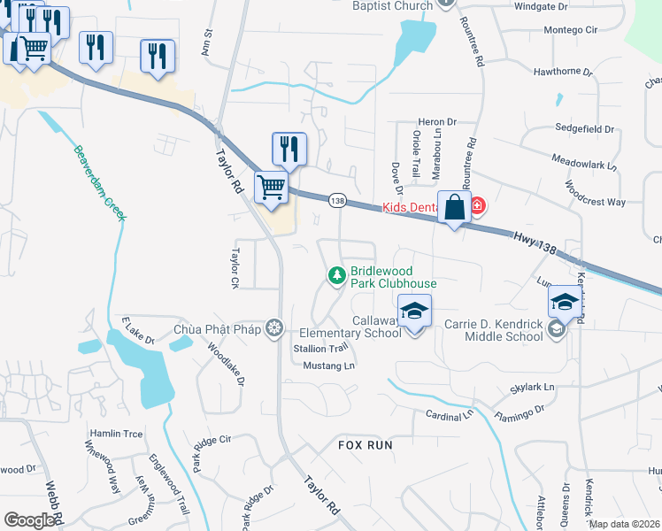 map of restaurants, bars, coffee shops, grocery stores, and more near 312 Horseshoe Bend in Riverdale