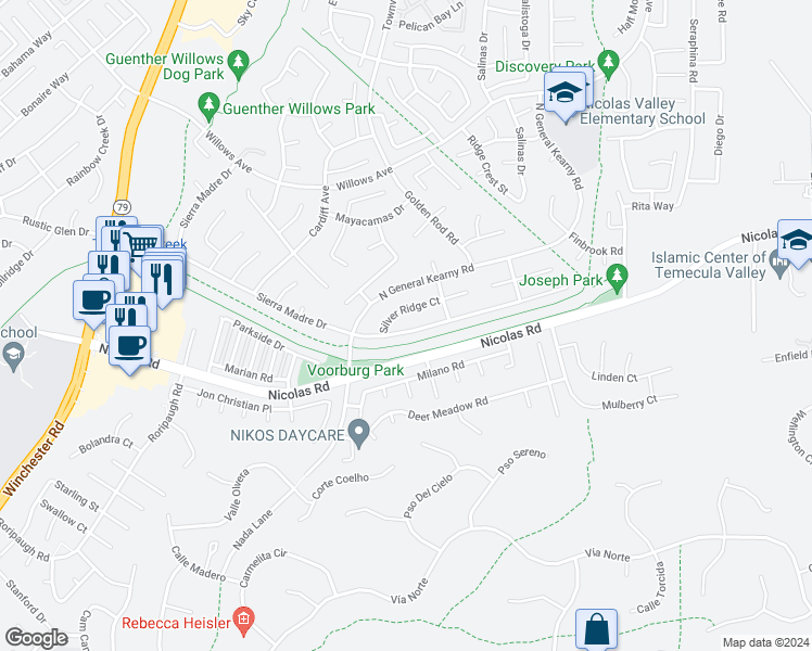map of restaurants, bars, coffee shops, grocery stores, and more near 30214 Sierra Madre Drive in Temecula