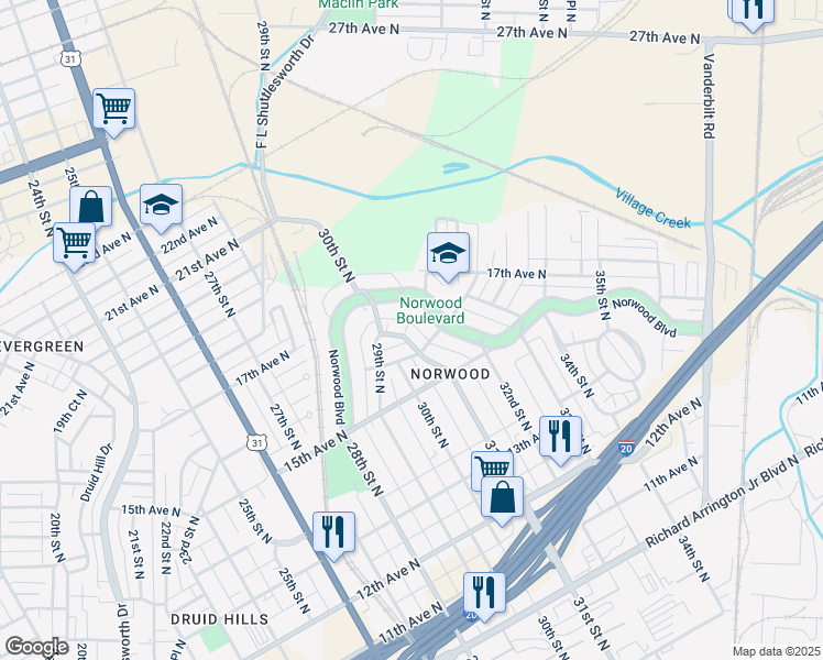map of restaurants, bars, coffee shops, grocery stores, and more near 1611 31st Street in Birmingham