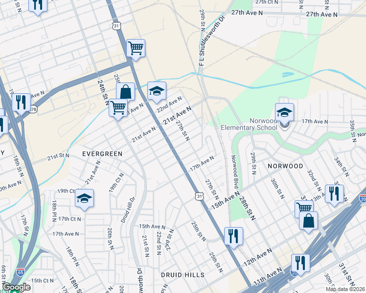 map of restaurants, bars, coffee shops, grocery stores, and more near 2617 19th Avenue North in Birmingham