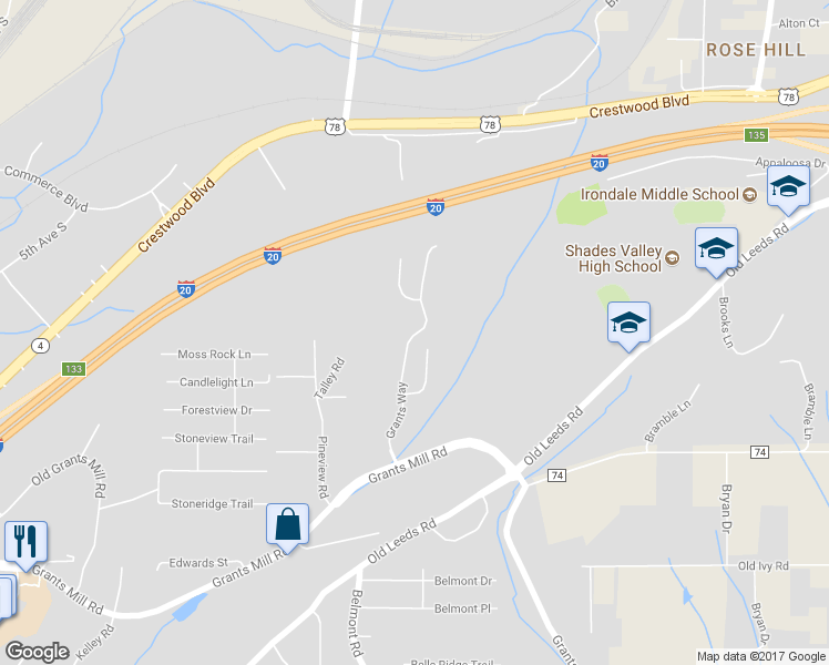 map of restaurants, bars, coffee shops, grocery stores, and more near 1260 Grants Way in Irondale