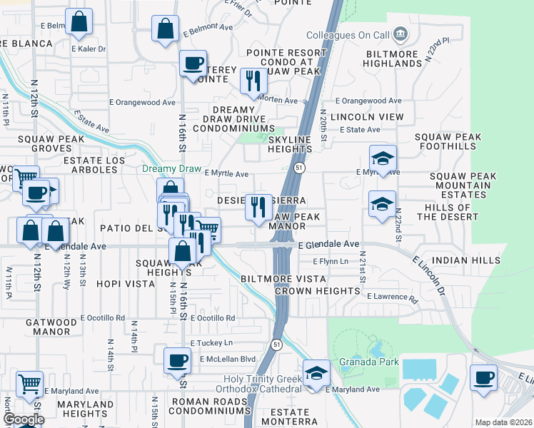 map of restaurants, bars, coffee shops, grocery stores, and more near 1811 East Aurelius Avenue in Phoenix