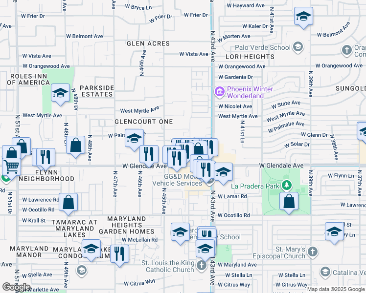 map of restaurants, bars, coffee shops, grocery stores, and more near 4387 West Palmaire Avenue in Glendale