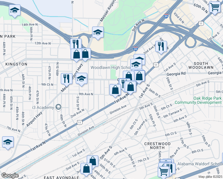map of restaurants, bars, coffee shops, grocery stores, and more near 917 53rd Street North in Birmingham