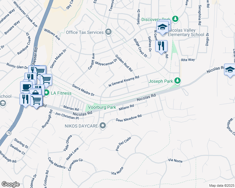 map of restaurants, bars, coffee shops, grocery stores, and more near 30222 Sierra Madre Drive in Temecula