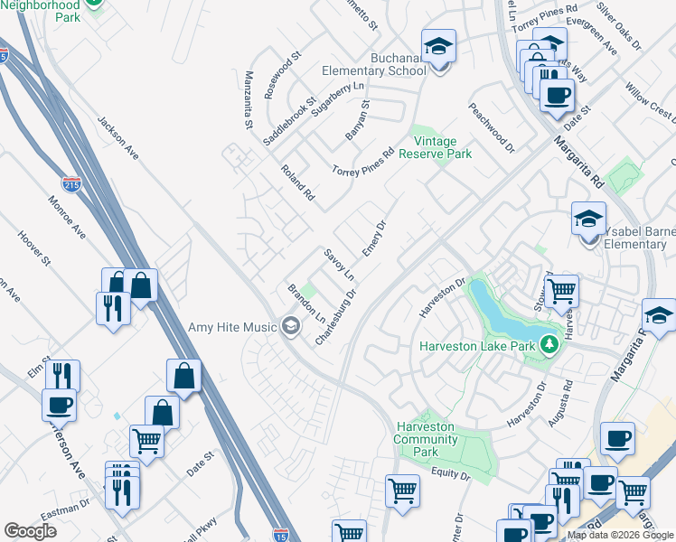 map of restaurants, bars, coffee shops, grocery stores, and more near 27353 Savoy Lane in Temecula