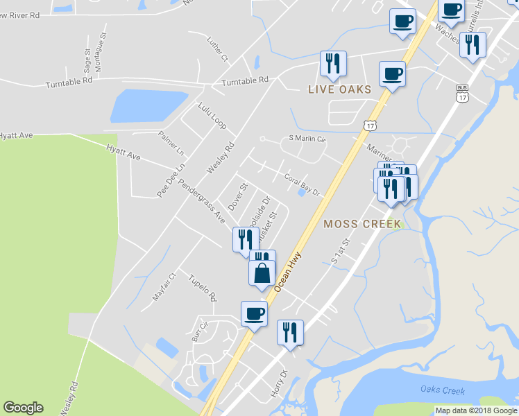 map of restaurants, bars, coffee shops, grocery stores, and more near 15 Poolside Drive in Murrells Inlet