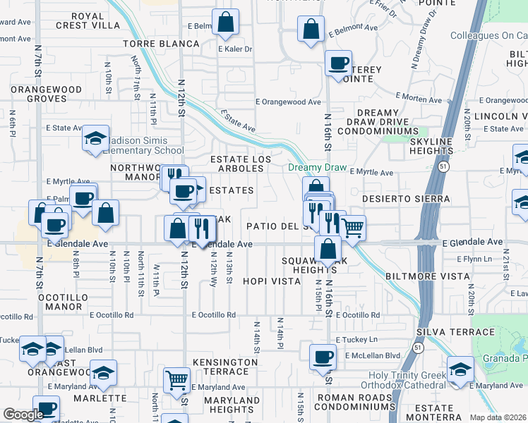 map of restaurants, bars, coffee shops, grocery stores, and more near 7042 North 14th Street in Phoenix